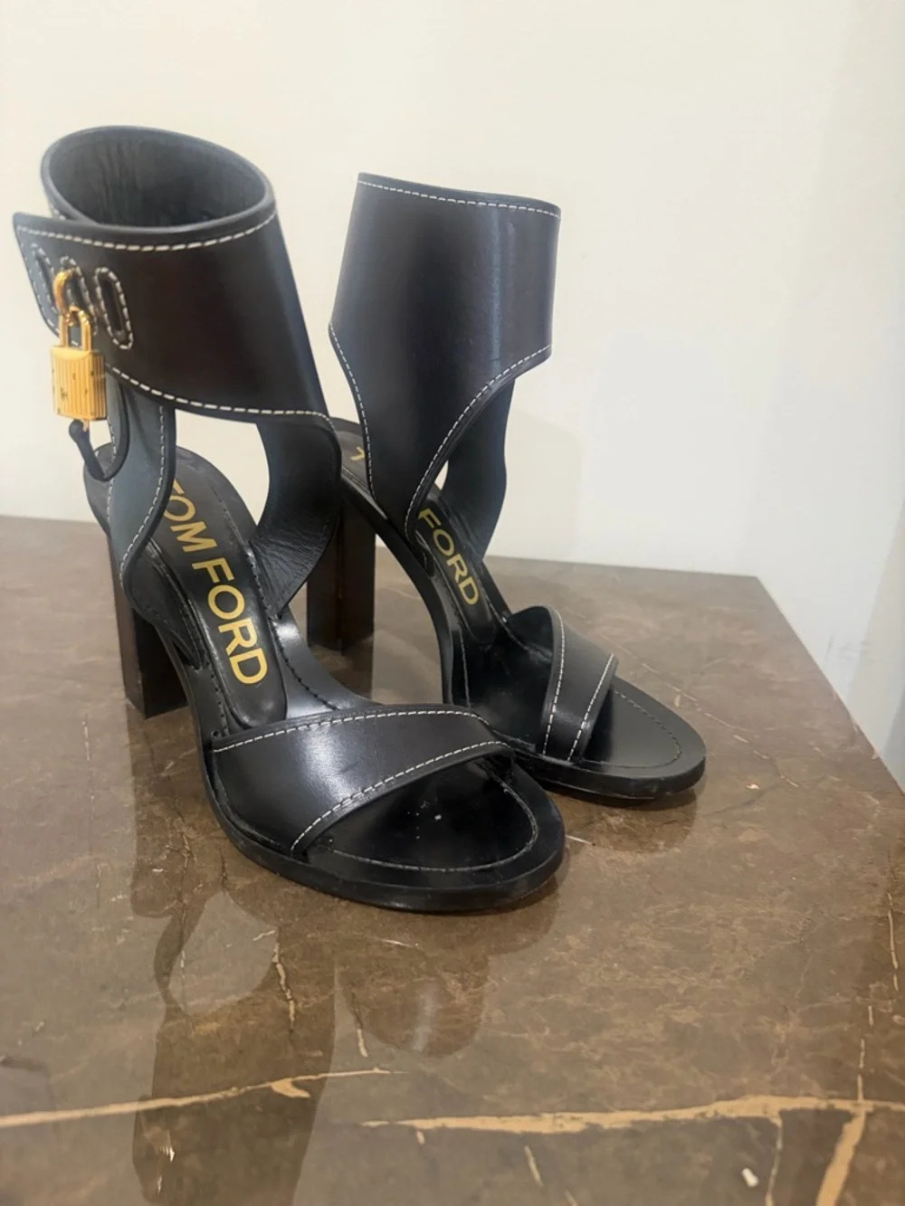 Tom Ford Black Leather Open-Toe Ankle-Cuff Heels with Gold Detail - Picture 3 of 4